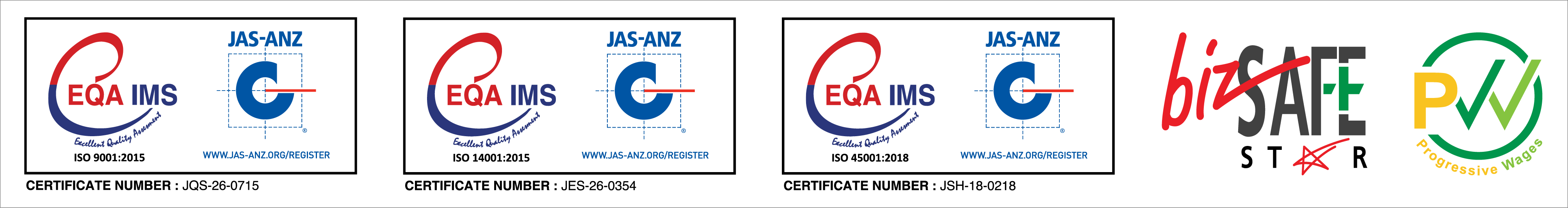 Certification artwork supplied by Octopus: ISO 9001:2015, ISO 14001:2015, ISO 45001:2018, bizSAFE Star and Progressive Wage